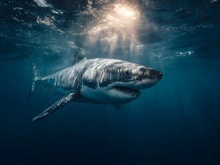 Naklejka premium Majestic Great White Shark swimming near the surface with sun rays penetrating deep blue ocean water in a cinematic marine wildlife shot.
