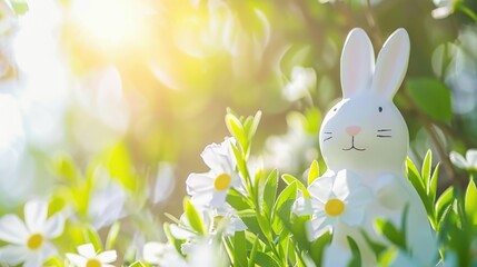 White rabbit figurine in sunlit spring garden with blooming daisies and vibrant green foliage, bright bokeh background.