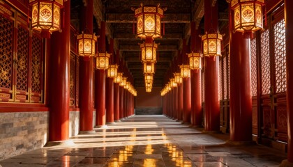 Obraz premium Showing ornate corridor lined with hanging lanterns, red columns and lattice windows in palace