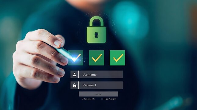 Hand touching a digital screen with a secure login form, padlock icon, and green checkmarks, symbolizing successful online authentication, data protection, and cybersecurity