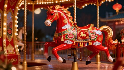 Glowing red ornate carousel horse galloping on platform at night, showing gold pole and saddle
