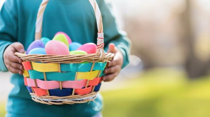 Child's hands holding a vibrant woven Easter basket filled with colorful pastel eggs outdoors, celebrating spring holiday.