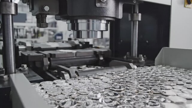 Automated Industrial Stamping Machine Pressing Metal Parts on a Production Line, Close-up of Precision Manufacturing Process in a Factory Setting