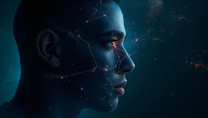 Fototapeta premium ラテンアメリカ人の男性20代を星座で構成する思考航海のメタファーAI