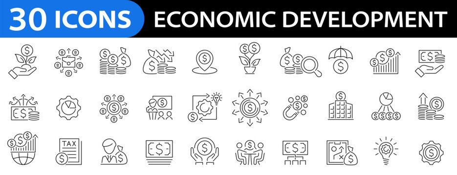 Economic Development  30 icon set. Finance , global Economy, world financial, growth, investment, income, transaction, growth, increase, industry, trade, employment, innovation and more. Editable stro