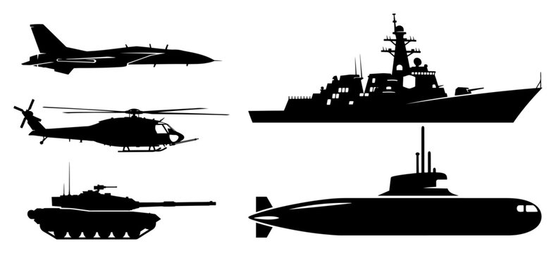 Set of black military vehicle silhouettes including tank jet helicopter ship and submarine