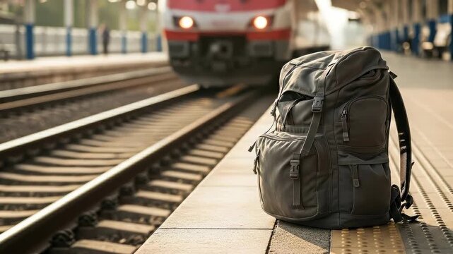 Backpack awaits train arrival on bustling urban platform at sunset