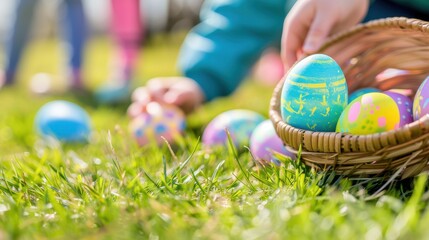 Child's hand reaching for vibrant Easter eggs in a wicker basket during a festive outdoor spring hunt on green grass.
