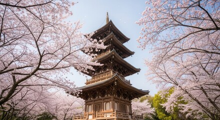 Fototapeta premium Wooden pagoda rises amidst blossoming cherry trees under a blue sky