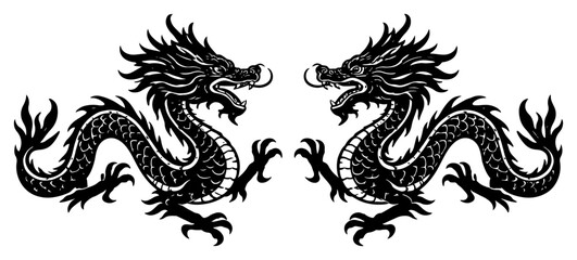 Obraz premium Two symmetrical Chinese dragons facing each other in traditional black and white vector illustration
