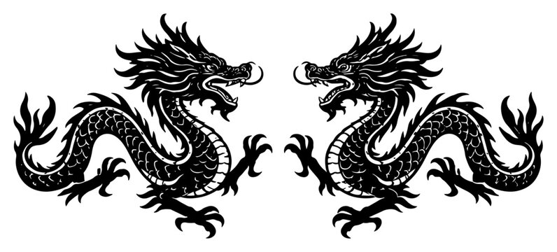 Two symmetrical Chinese dragons facing each other in traditional black and white vector illustration