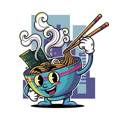 Cartoon Ramen Bowl Character with Chopsticks and Cityscape.