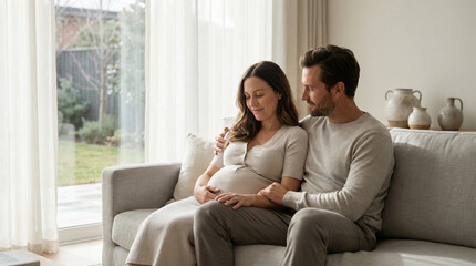 Obraz premium Pregnant woman and couple at home in a calm, minimal interior, intimate atmosphere, representing modern parenthood, emotional connection, family life and prenatal well-being in 2027.