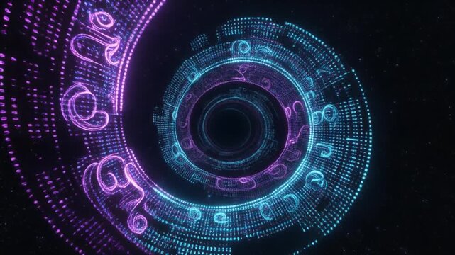 Abstract futuristic neon lights forming a spiral tunnel with glowing blue and purple patterns
