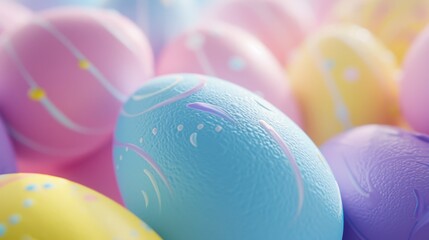 Close-up of pastel-colored Easter eggs with delicate patterns, celebrating spring and holiday traditions.