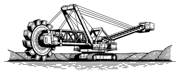 Massive bucket wheel excavator machine in surface mining industrial site vector illustration © Amelia