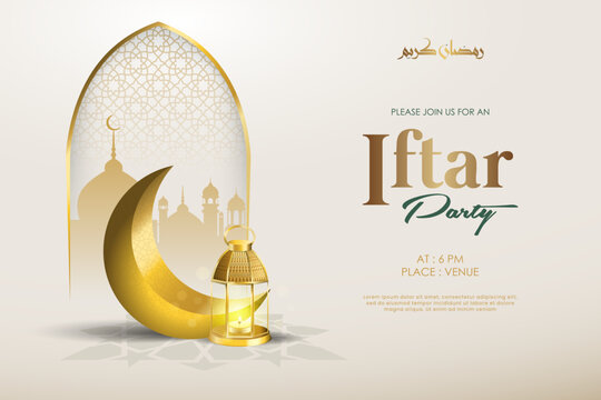 Elegant Iftar Party invitation template with a gold crescent moon, glowing lantern, and mosque silhouettes in an arch frame.