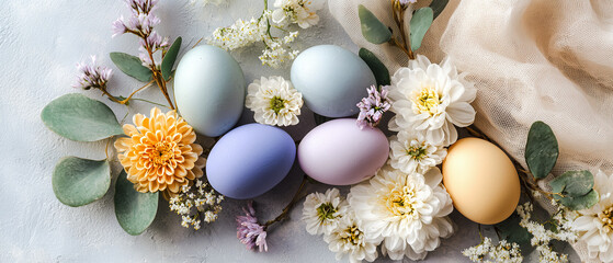 Obraz premium Soft pastel Easter eggs arranged with delicate spring flowers, greenery, and natural fabric on a light textured background. Minimal floral flat lay with gentle colors and copy space.