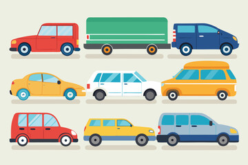 Fototapeta premium Colorful cartoon cars traffic jam illustration vehicle transportation commute driving road trip