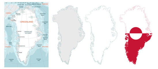 Greenland map set with detailed geographic map, colored outline, simple outline and flag design © Hatch