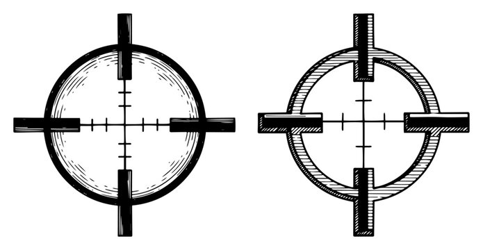 Vintage hand drawn sniper rifle scopes or target crosshairs in engraving style