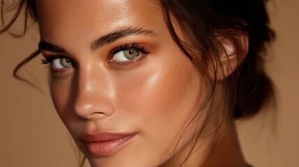 Fototapeta premium Young caucasian female with flawless skin and natural makeup close-up portrait.