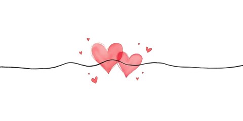 Continuous line heart shape border with realistic paper heart on white background for valentines, women, mother day greeting invitation graphic design