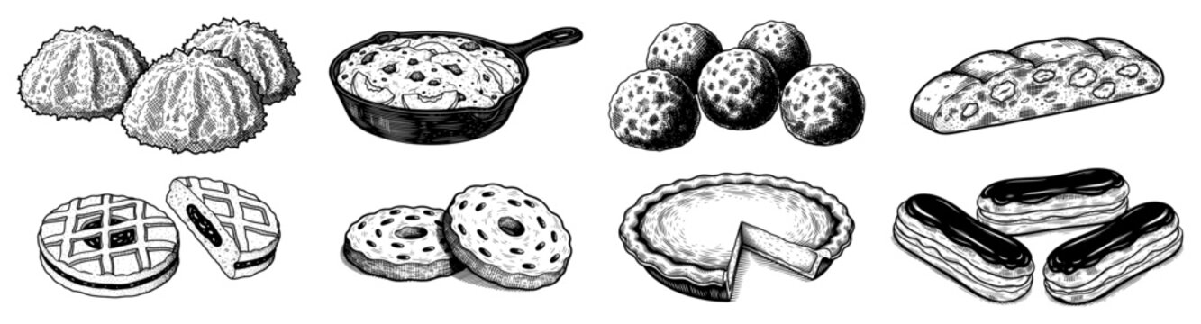 Set of hand drawn bakery items including donuts eclairs and tarts in a classic black and white vector style