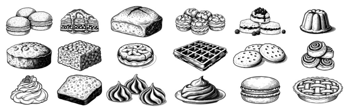 Collection of various sweet pastries and bakery desserts in hand drawn black and white sketch style
