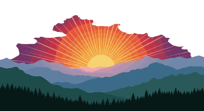 Vector illustration of a vibrant sunset over a mountainous landscape with a silhouette of trees in the foreground, showcasing Arunachal Pradesh's natural beauty with warm, golden hues.