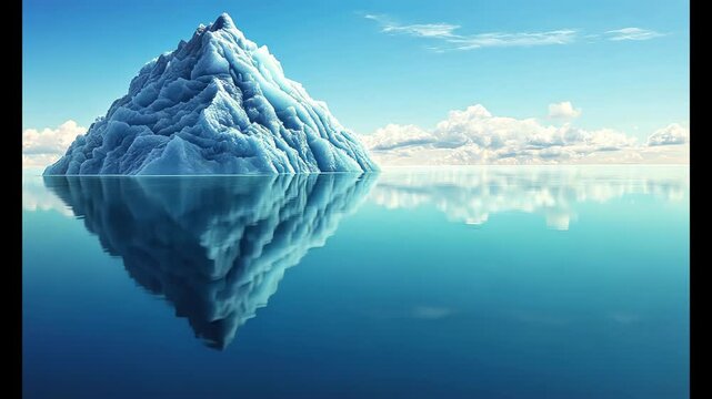 Majestic iceberg reflection in tranquil blue ocean with shifting clouds and calm waters