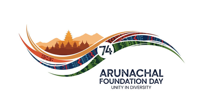 Illustration celebrating Arunachal Pradesh Foundation Day with a mountainous landscape and traditional stilt houses Chang Ghar, symbolizing unity in diversity.