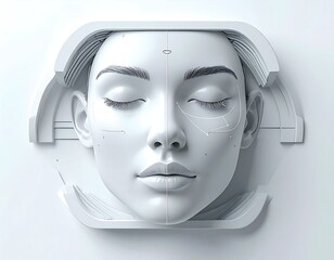 A white 3D illustration of a woman's face with her eyes closed