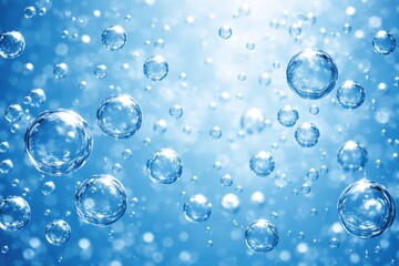 Transparent air bubbles float in clear blue water with sunlight rays and sparkling background in clean style
