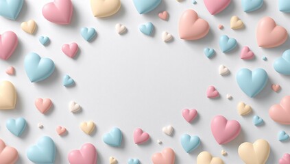 Scattering pastel 3D hearts forming decorative border on white paper, with soft shadows