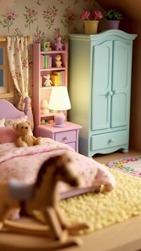 Pastel-colored children's bedroom with a floral decor, cozy bed, and whimsical storage furniture