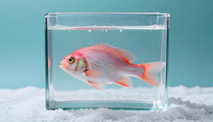 Pink fish floating inside a transparent glass cube on a pastel turquoise background. Minimalist surreal concept with soft light and copy space.