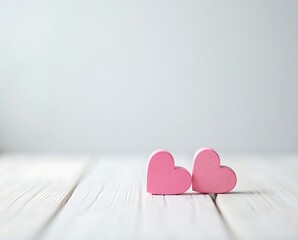 Valentines day background with two red hearts on wooden background