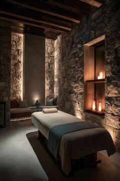 Luxury spa room with stone walls, warm ambient lighting, massage bed and candles creating a calm atmosphere