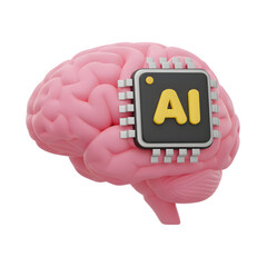 3D Brain with AI Chip Icon on a White Background