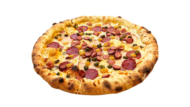 Whole Pepperoni Pizza Isolated on Transparent  Background, Overhead Food Photography