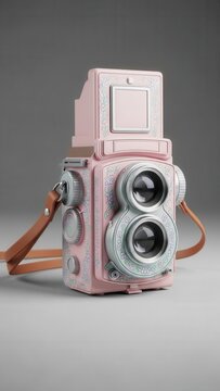retro twin-lens reflex camera in pastel pink with floral embellishments, a charmingly vintage aesthetic.