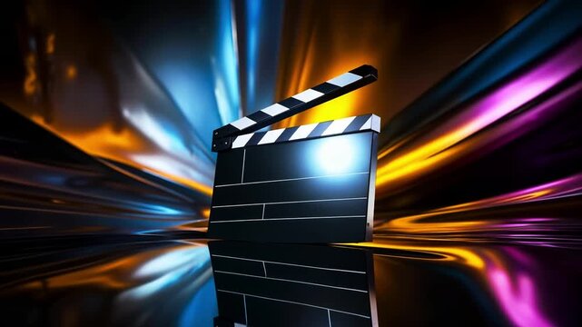 A clapper board sitting on top of a table in front of a colorful background