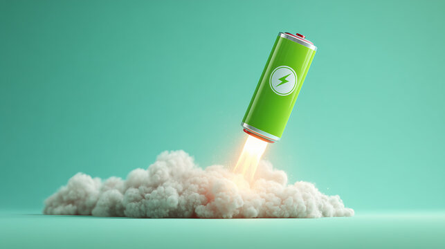 Green eco battery launching like rocket symbolizing sustainable growth and energy