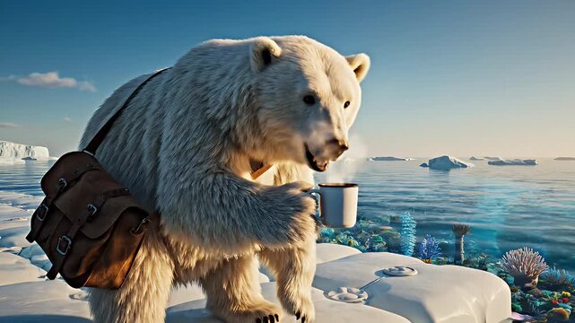 Polar Bear Standing Confidently on Ice Floes in a Bright Arctic Seascape with Blue Sky