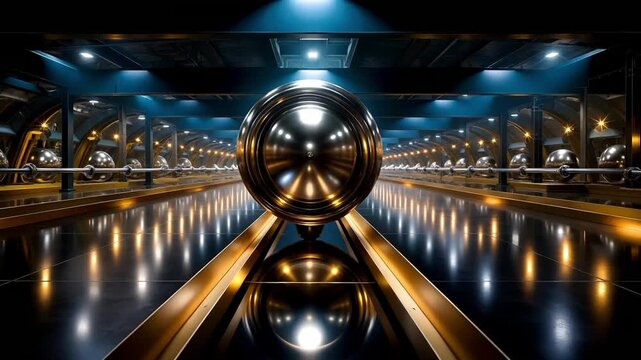 A bowling alley with a bowling ball in the middle of it