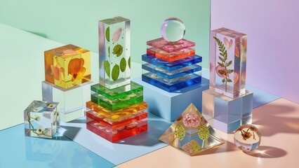 Fototapeta premium nature preserved: geometric blocks and spheres encase preserved flowers, leaves, and insects, creating a vibrant, artistic display of natural elements.