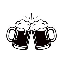 Two frothy beer mugs clinking together with celebratory bubbles bursting outwards