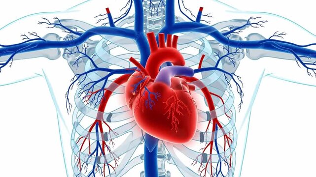 Anatomical illustration of a human heart with congenital heart disorder, showcasing the cardiovascular system and blood vessels in detail against a white background.