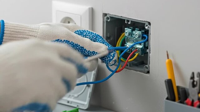 Electrician skillfully connecting wires in wall socket installation using tools